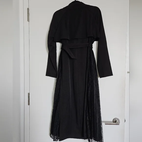 Resexxy Gyaru Black Trench Coat Pleated Lace Panel Sides Tortoise Shell Buttons - Picture 8 of 14